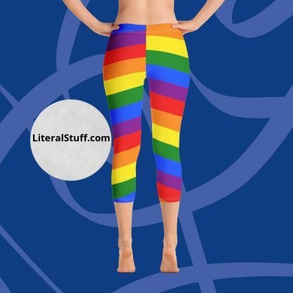 LGBTQ Owned Shop PRIDE Flag Rainbow Capri Leggings - Black Stitching - Image 4