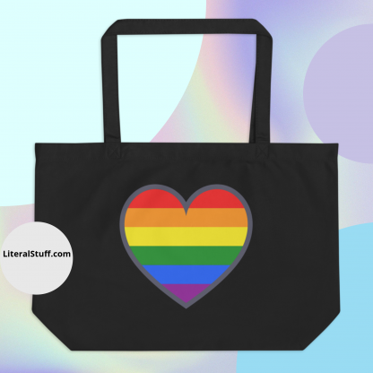 LGBTQ+ PRIDE flag Large Organic Tote Bag With Heart- In Black or Oyster - Image 4