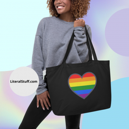 LGBTQ+ PRIDE flag Large Organic Tote Bag With Heart- In Black or Oyster