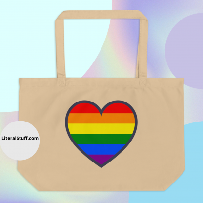 LGBTQ+ PRIDE flag Large Organic Tote Bag With Heart- In Black or Oyster - Image 3