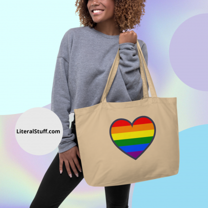 LGBTQ+ PRIDE flag Large Organic Tote Bag With Heart- In Black or Oyster - Image 2