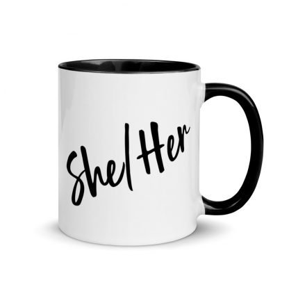 She/Her Pronouns Coffee Mug Cup with Color Accents - Various Color Options - Image 2