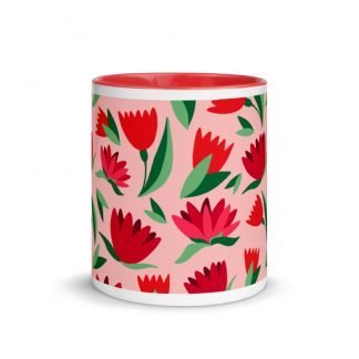 Spring Tulip Flower Coffee Mug with Color Inside - Available in Pink or Red