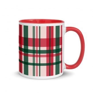Holiday Plaid Coffee Mug cup with Color Inside - Black or Red