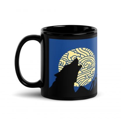 Wolf Howling at Full Moon Black Glossy Mug Cup 11oz - Image 2