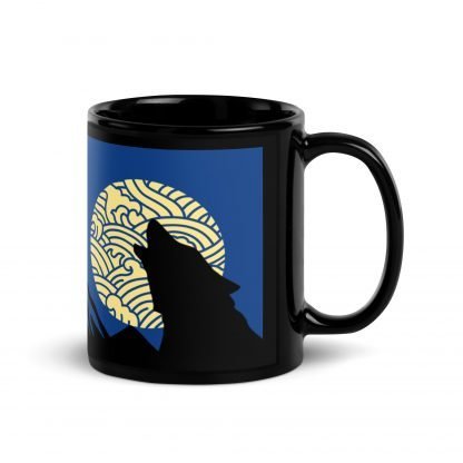Wolf Howling at Full Moon Black Glossy Mug Cup 11oz - Image 4