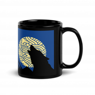 Wolf Howling at Full Moon Black Glossy Mug Cup 11oz