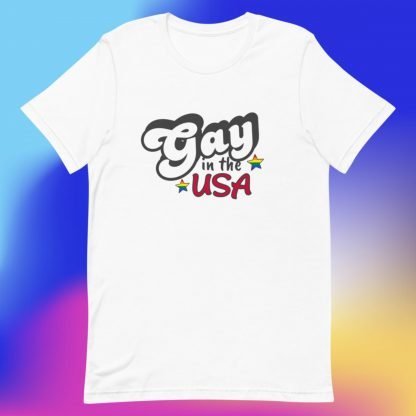 Gay in the USA with PRIDE Flag Stars Tee- Color Options - Image 5