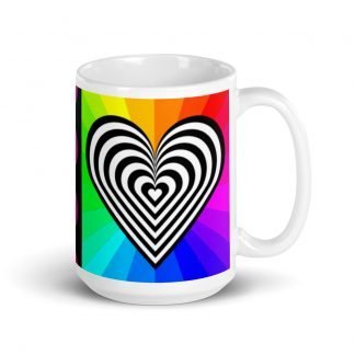 90s Vibe Black and White Heart Rainbow White Glossy Cup Mug 15oz
